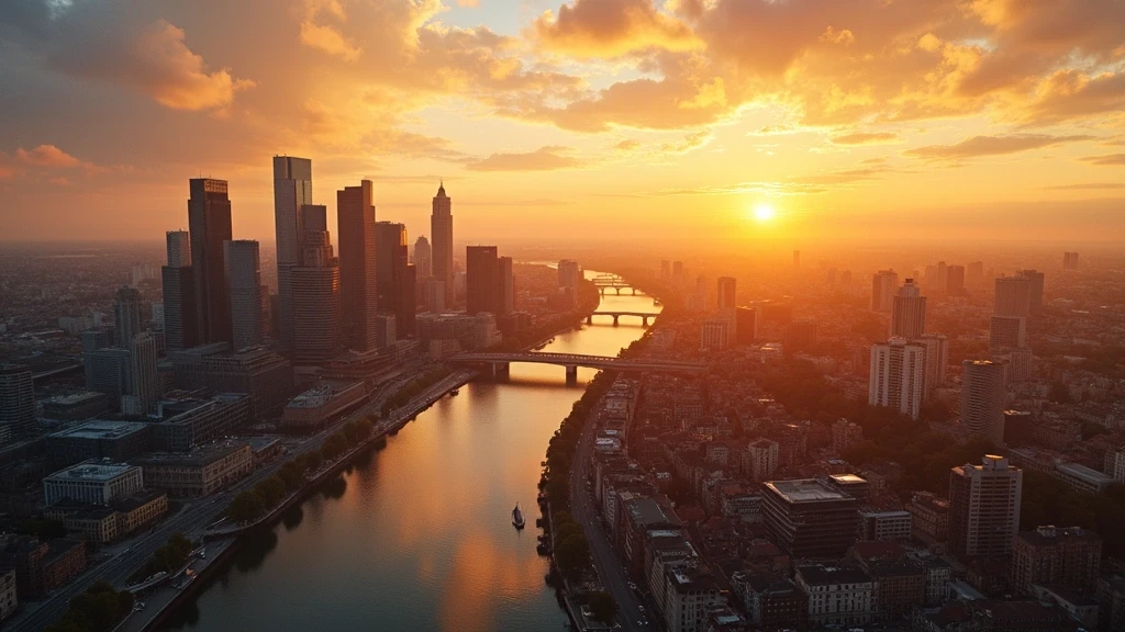 Luftaufnahme der Frankfurter Skyline mit Römer und Main zur goldenen Stunde