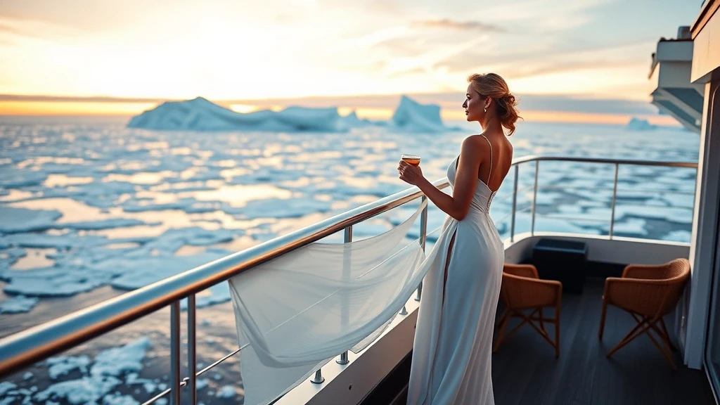 Elegante Frau auf Expeditionsschiff im Franz-Josef-Land, Russland bei Sonnenuntergang