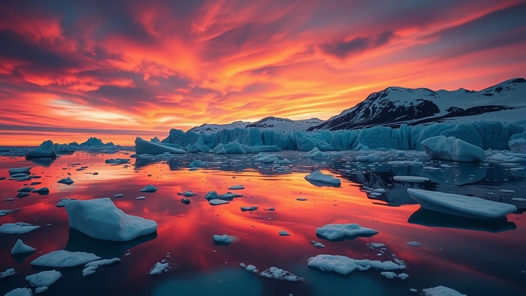 Sonnenuntergang ueber eisberggefuellter Bucht im Franz-Josef-Land, Russland