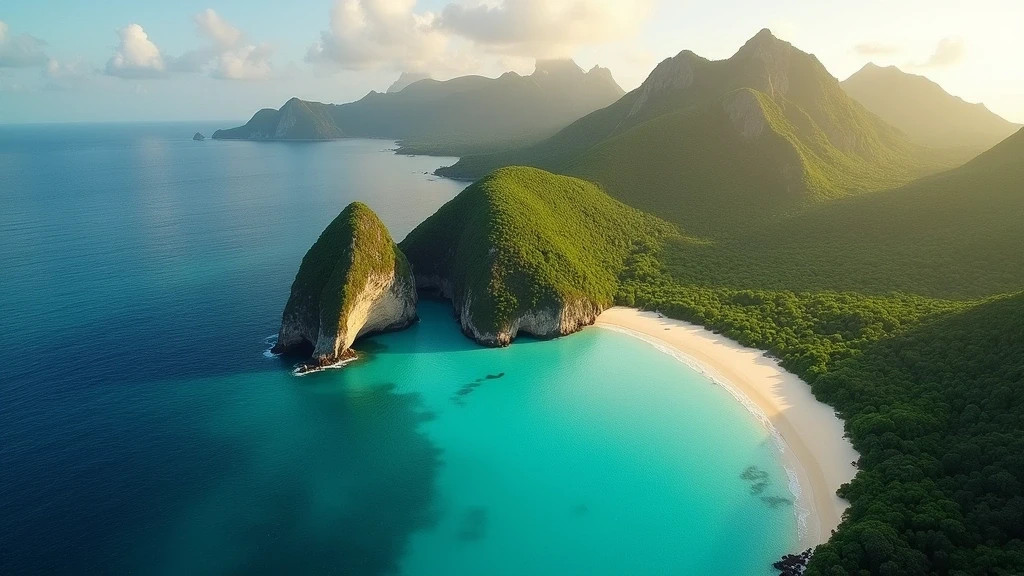 Luftaufnahme von Fregate Island Private mit Granitfelsen und Anse Victorin Strand zur goldenen Stunde