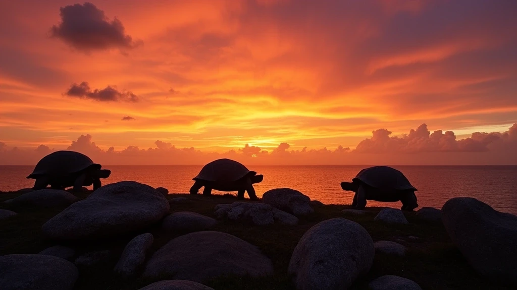 Sonnenuntergang mit Aldabra-Riesenschildkroeten auf Fregate Island Private in den Seychellen