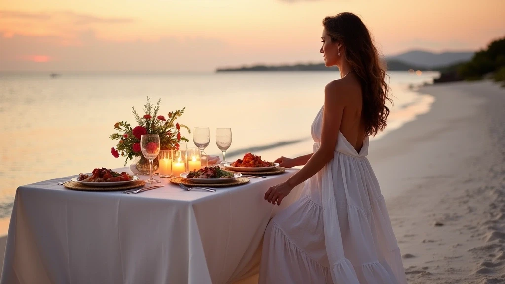 Elegante Frau beim Stranddinner auf Fregate Island Private zur Abenddaemmerung