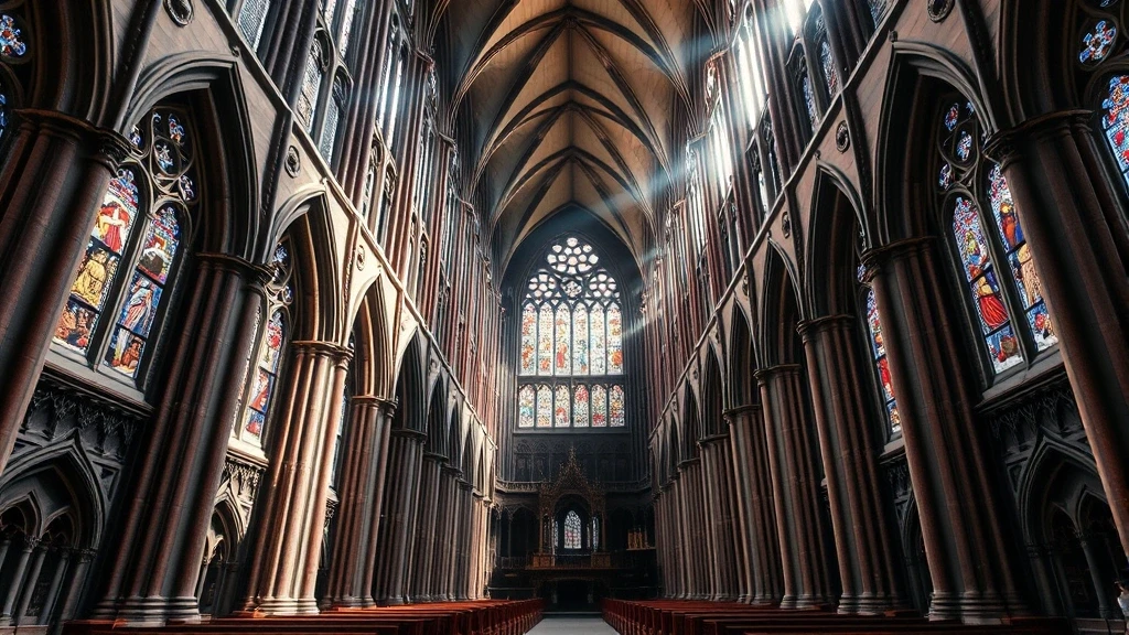 Innenansicht des Freiburger Münsters mit gotischer Architektur und bunten Glasfenstern