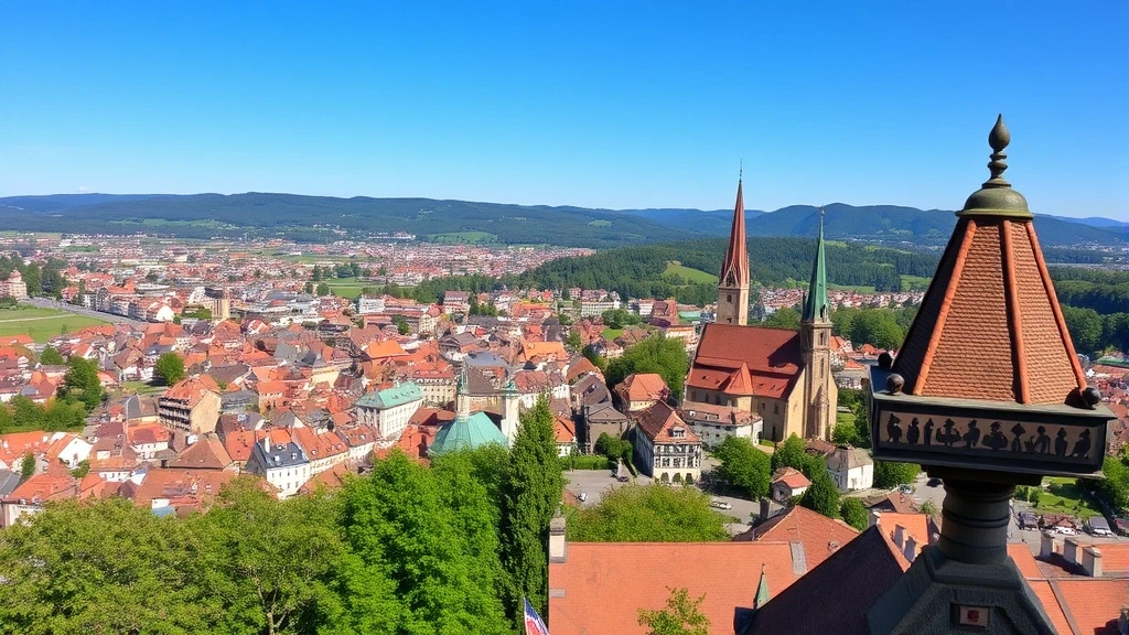 Panoramablick vom Schlossbergturm über Freiburg mit Altstadt und Schwarzwald