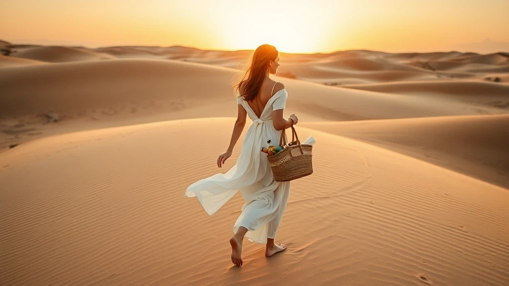 Elegante Frau in weissem Kleid laeuft barfuss durch Sanddünen in Fuerteventura Sternenbasis bei Sonnenuntergang