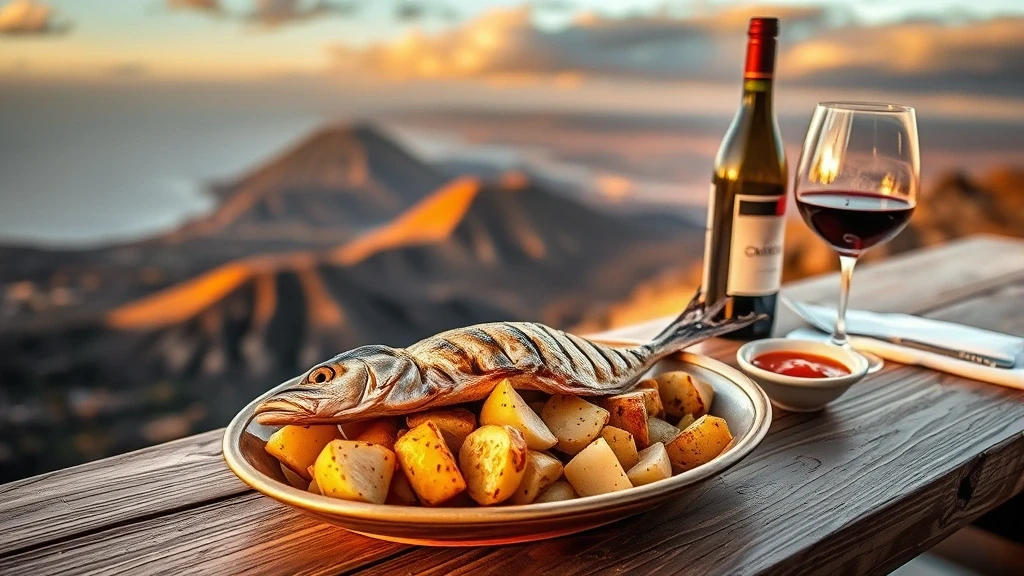 Traditionelle kanarische Kueche auf rustikalem Holztisch mit Blick auf vulkanische Landschaft in Fuerteventura Sternenbasis