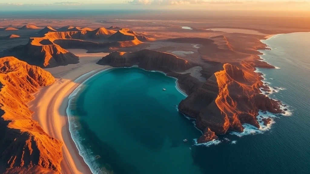 Dramatische Luftaufnahme der vulkanischen Landschaft und Sanddünen von Fuerteventura Sternenbasis zur goldenen Stunde