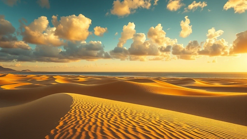 Panoramablick auf goldene Sanddünen von Fuerteventura Sternenbasis, die sich bis zum Ozean erstrecken