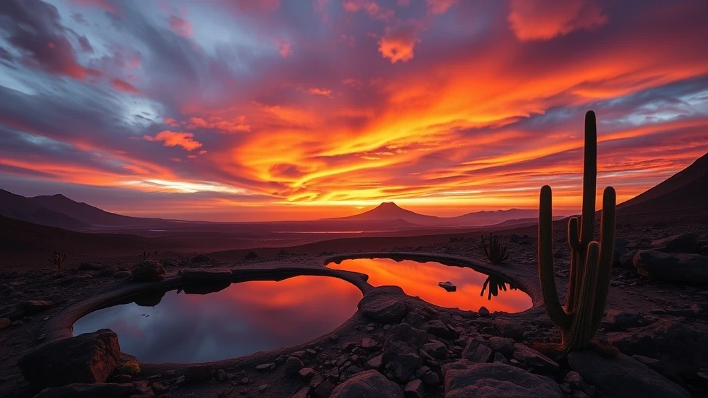 Dramatischer Sonnenuntergang über den vulkanischen Bergen von Fuerteventura Sternenbasis mit farbenfrohem Himmel