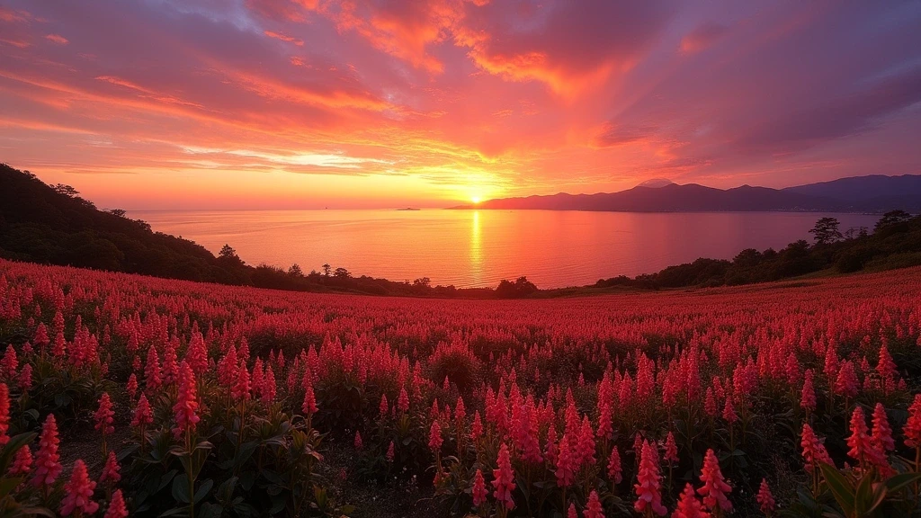 Sonnenuntergang ueber Nokonoshima Insel in Fukuoka mit Blumenfeldern und Bergen