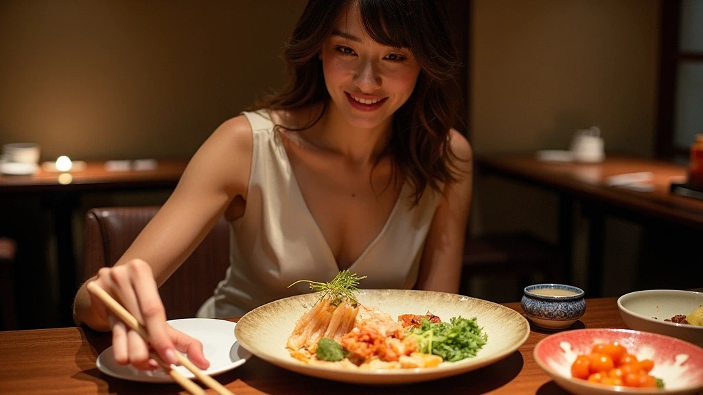 Elegante Frau geniesst Kaiseki-Menue in einem Ryokan in Fukuoka, Japan