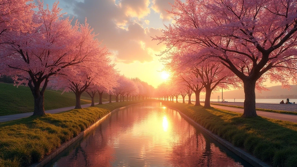 Goldene Stunde im Uminonakamichi Seaside Park in Fukuoka mit Kirschblueten und Teich