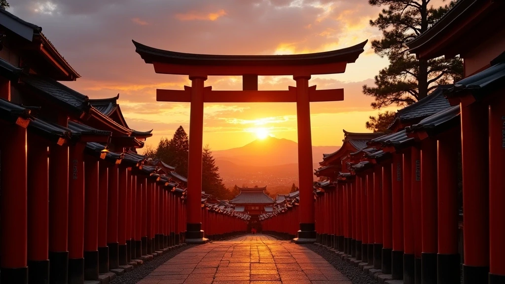 Sonnenuntergang hinter dem Berg Inari mit roten Torii-Toren des Fushimi Inari Schreins im Vordergrund