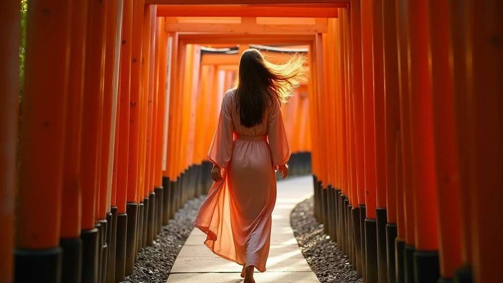 Elegante Frau im Seidenkimono geht barfuss durch die roten Torii-Tore des Fushimi Inari Schreins
