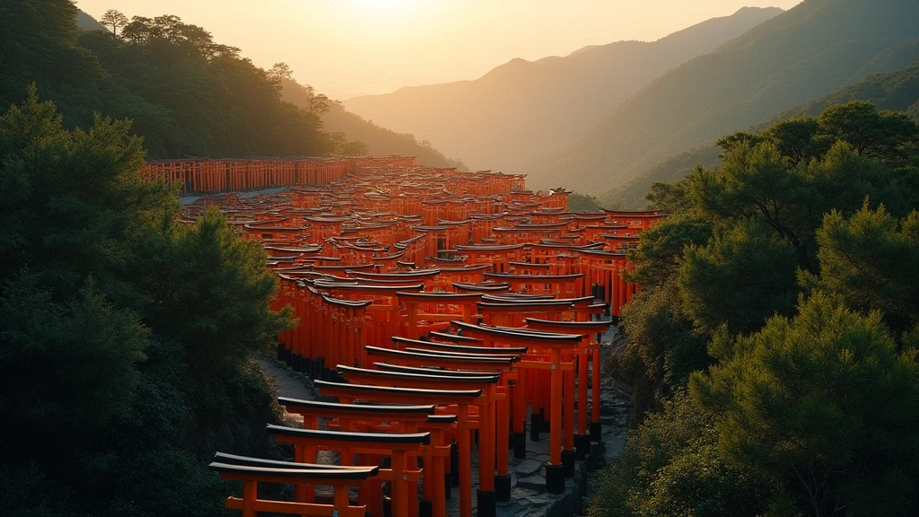 Luftaufnahme der Tausenden roten Torii-Tore des Fushimi Inari Schreins in Kyoto zur goldenen Stunde