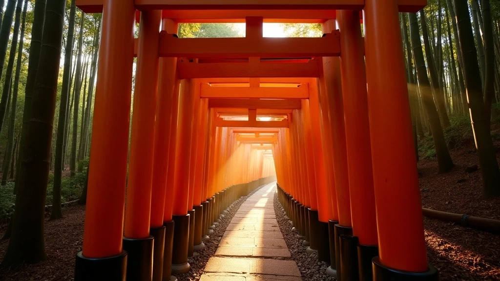 Panoramablick auf die Tausend Torii-Tore des Fushimi Inari Schreins mit Sonnenstrahlen im Bambuswald