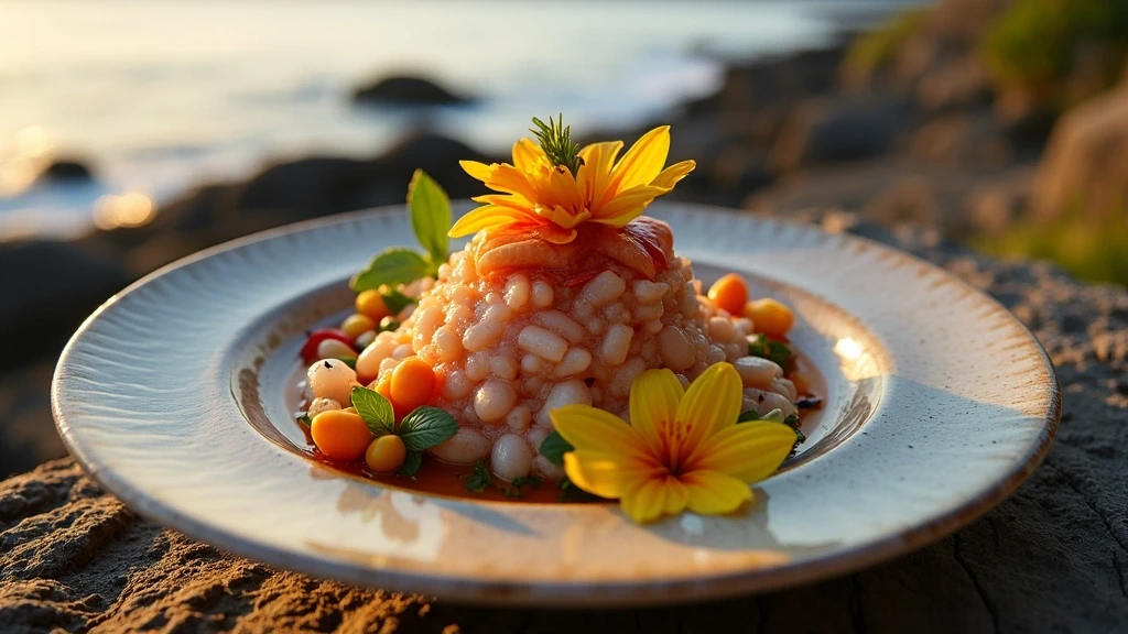 Kunstvoll angerichtetes lokales Ceviche mit Meeresfruechten in Galápagos