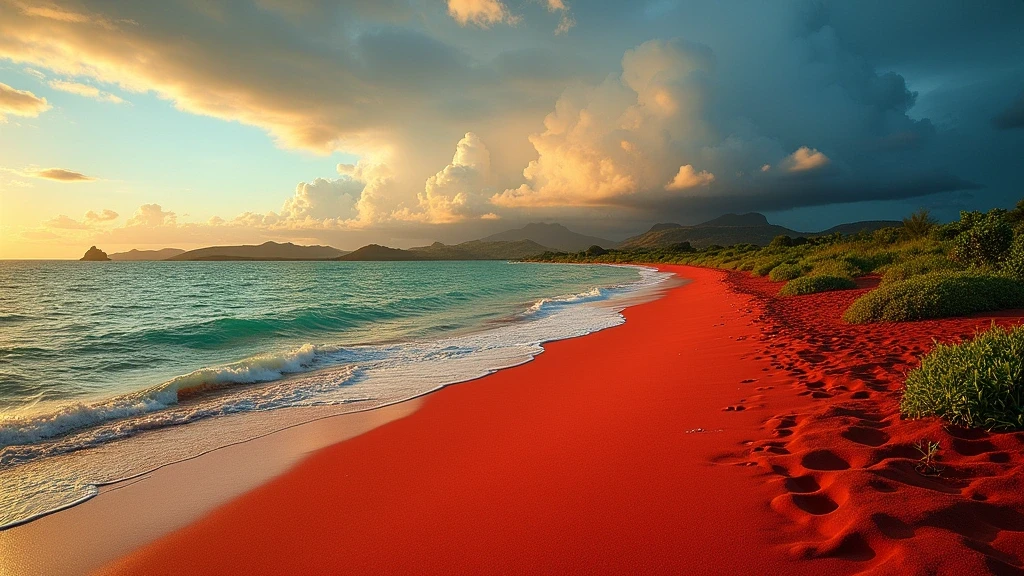 Goldene Stunde am roten Sandstrand von Rabida-Insel, Galápagos