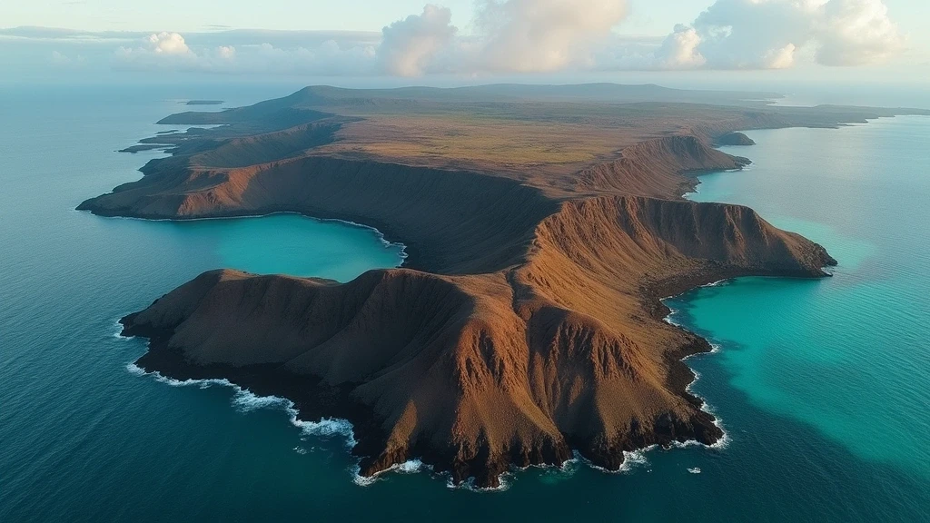Dramatische Luftaufnahme der vulkanischen Calderas auf Galápagos-Inseln zur goldenen Stunde