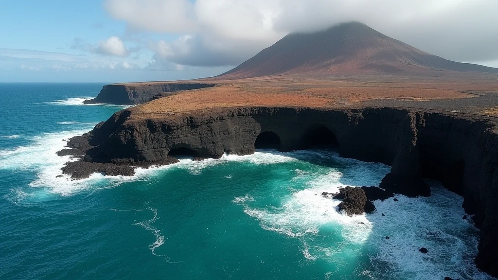 Drohnenaufnahme der Galapagos-Küste mit Eingängen zu Unterwasserhöhlen in vulkanischem Gestein