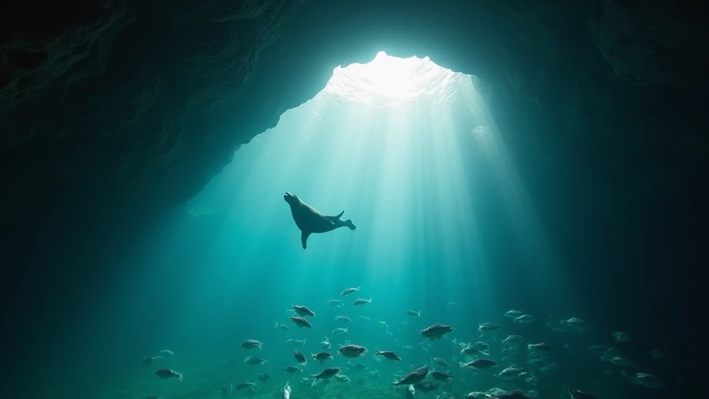 Galapagos Unterwasserhöhle mit Lichtstrahlen und neugierigem Seelöwen im kristallklaren Wasser - magisches Taucherlebnis