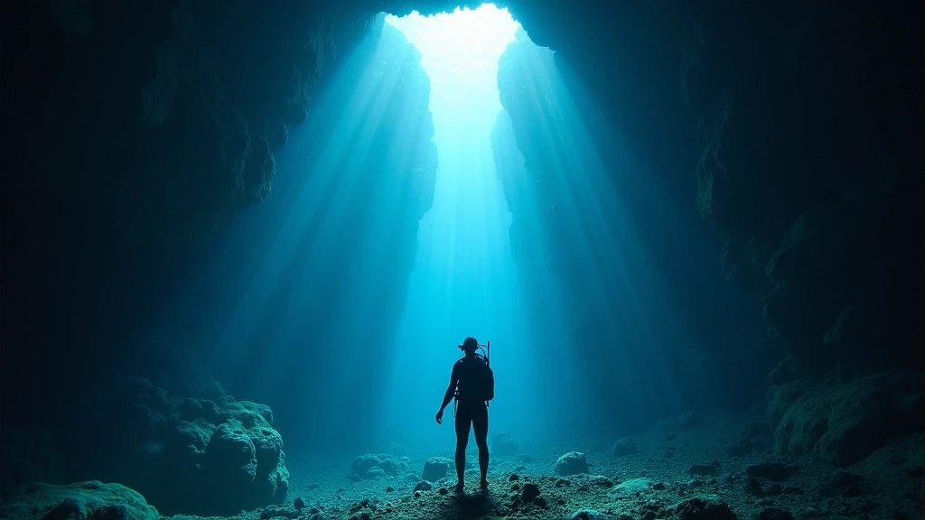 Im Inneren einer kathedralenartigen Unterwasserhöhle in Galapagos mit Basaltsäulen und Taucher als Größenvergleich