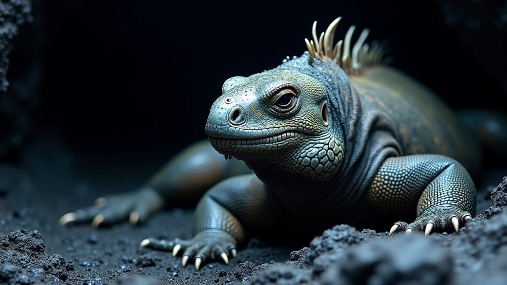 Nahaufnahme einer Galapagos Meerechse auf vulkanischem Gestein vor einer Unterwasserhöhle