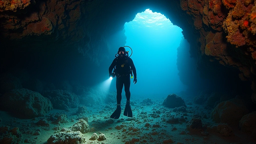 Taucher erkundet engen Lavatunnel in Galapagos Unterwasserhöhle mit Taschenlampe und bunten Korallen