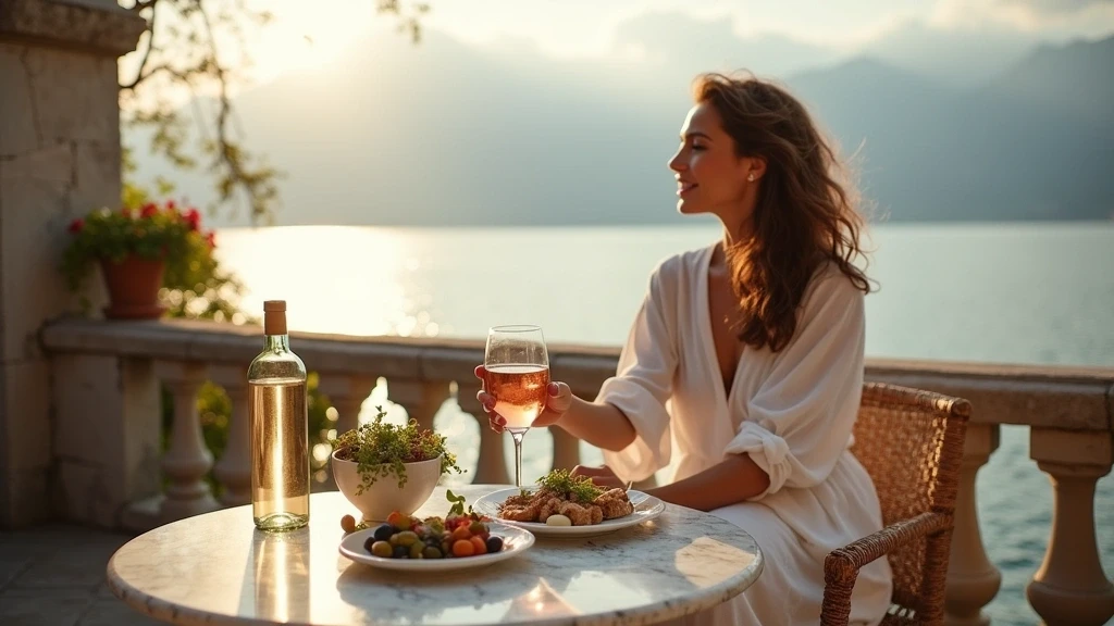 Elegante Frau geniesst Aperitivo mit Lugana-Wein auf Terrasse mit Gardasee-Blick