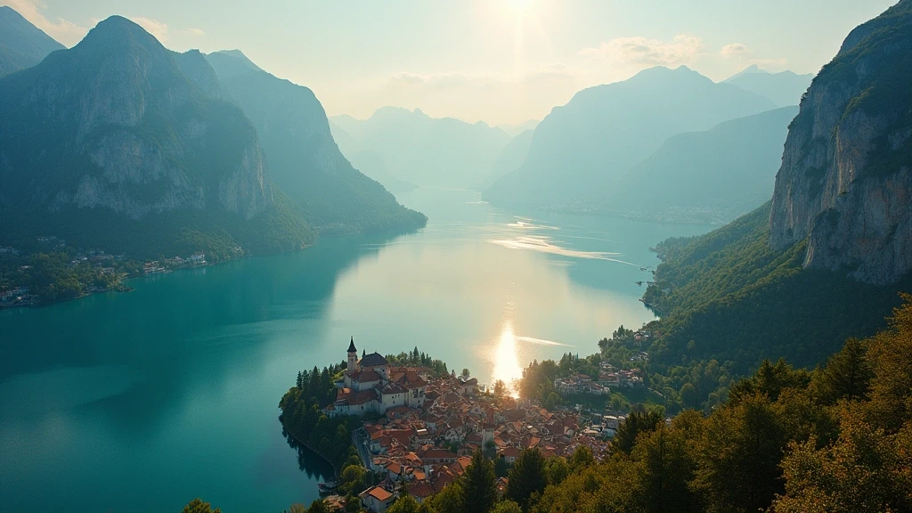 Dramatische Luftaufnahme des Gardasees mit Dolomiten, mittelalterlichen Burgen und türkisfarbenem Wasser zur goldenen Stunde