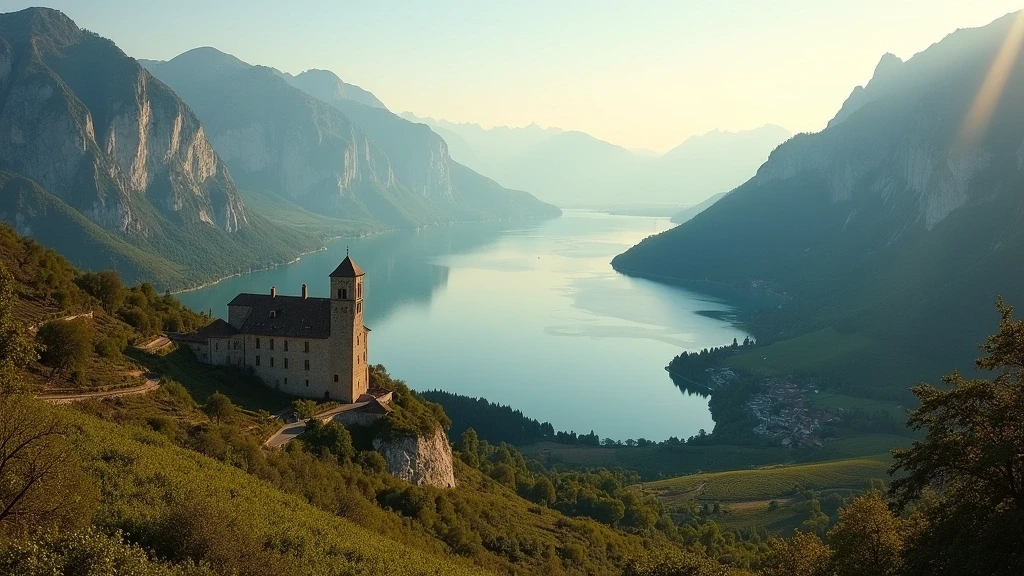 Panoramablick auf den nördlichen Gardasee mit Dolomiten-Felsen, Scaligero-Burg und Olivenhainen