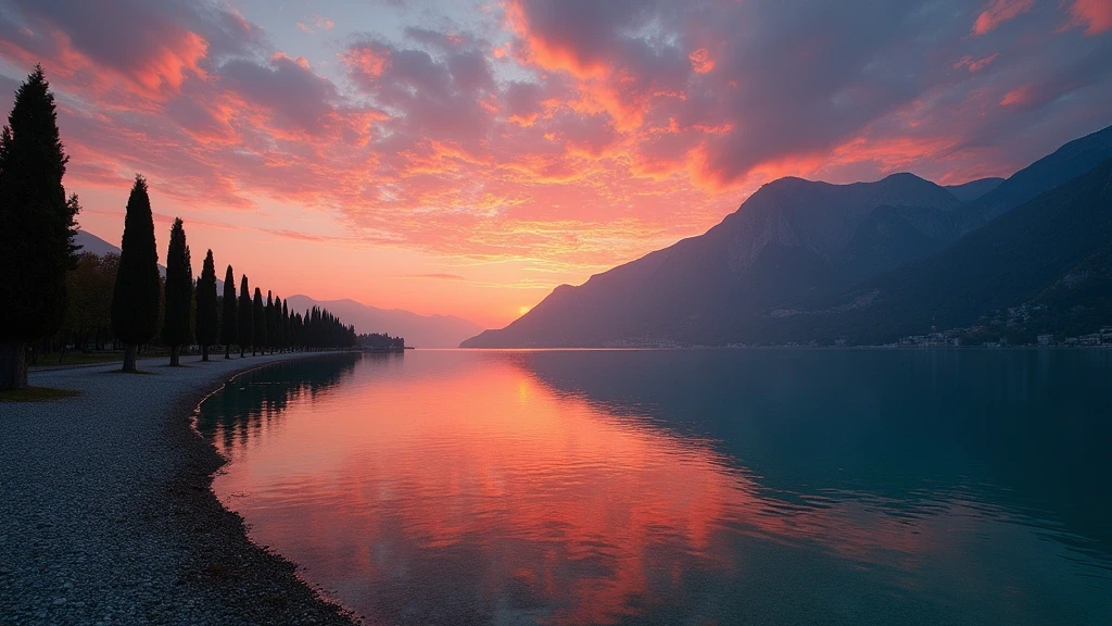 Dramatischer Sonnenuntergang am Gardasee mit Monte Baldo-Silhouette und türkisfarbenem Wasser