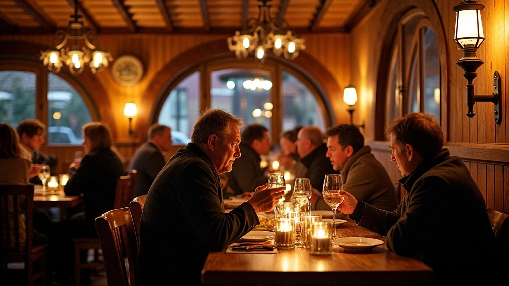 Gemuetliches bayerisches Restaurant-Interior in Garmisch-Partenkirchen mit Holzvertäfelung traditioneller Deko und kerzenbeleuchtetem Abendessen