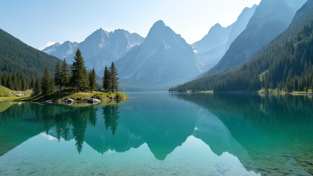 Kristallklarer Eibsee am Fusse der Zugspitze bei Garmisch-Partenkirchen mit smaragdgruenem Wasser und perfekter Bergspiegelung