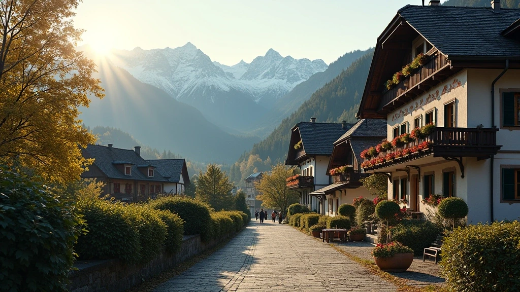 Traditionelle bayerische Häuser mit Lüftlmalerei in Garmisch-Partenkirchen vor schneebedeckten Alpen bei goldenem Abendlicht