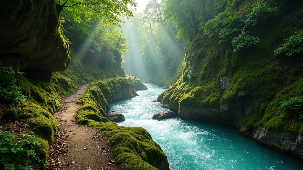 Magischer Wanderweg durch die Partnachklamm bei Garmisch-Partenkirchen mit türkisfarbenem Wasser und moosbedeckten Felsen