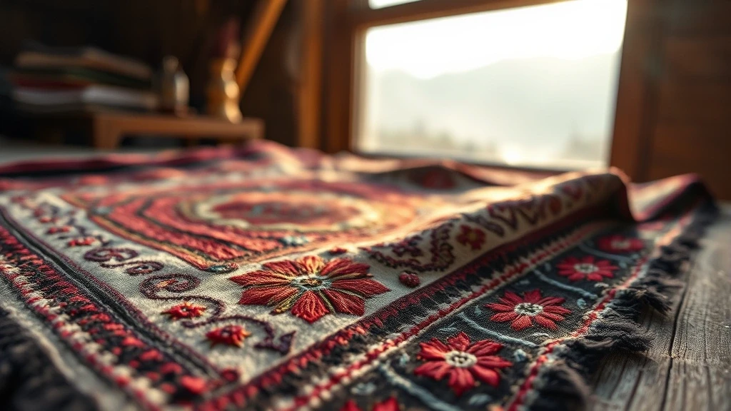 Detailaufnahme traditioneller Balti-Stickerei mit Gasherbrum II im Hintergrund