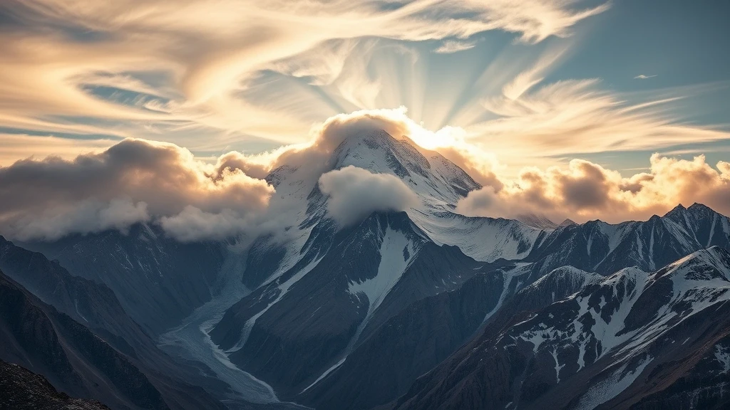Luftaufnahme des Gasherbrum II im Karakoram-Gebirge zur goldenen Stunde mit dramatischen Wolken