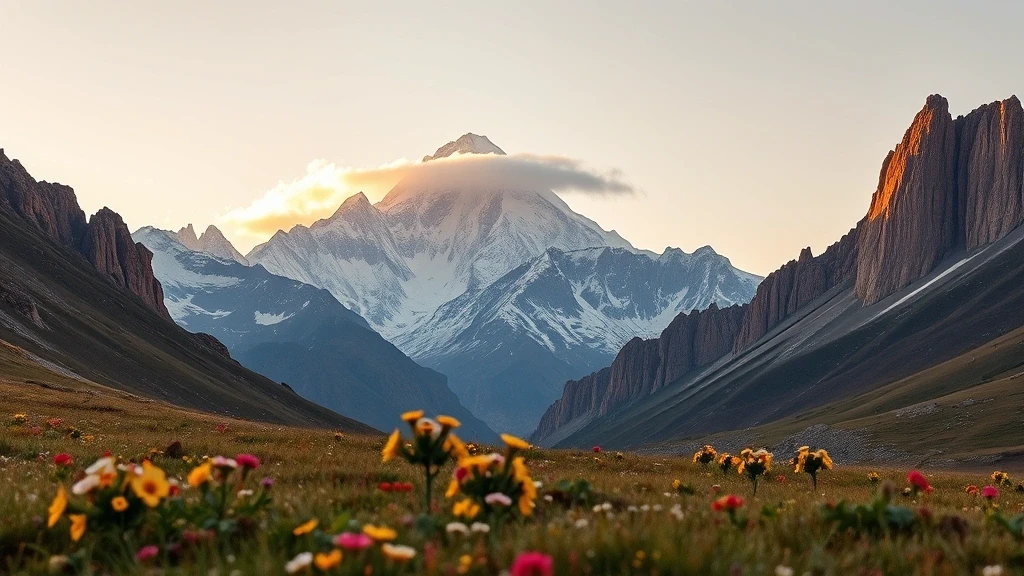 Panoramablick auf den Gasherbrum II von einer Almwiese mit Wildblumen im Vordergrund