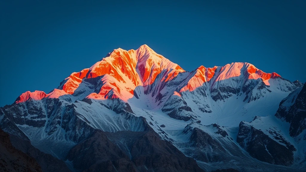 Sonnenuntergang am Gasherbrum II mit dramatischen orangen und rosa Farben auf dem Gipfel