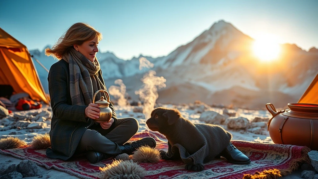 Elegante Trekkerin geniesst traditionellen Chai vor der Kulisse des Gasherbrum II