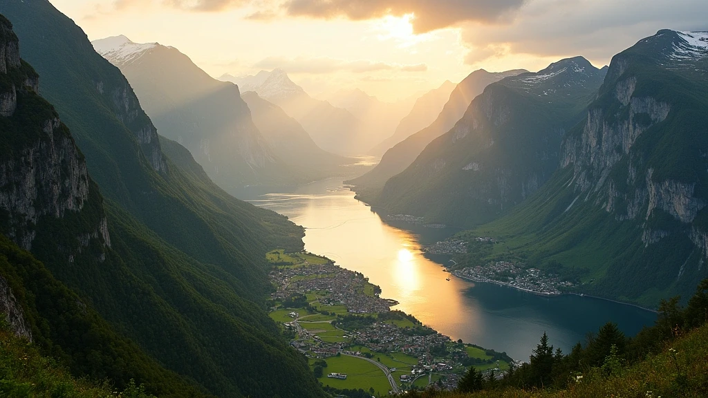 Panoramablick vom Flydalsjuvet auf den Geirangerfjord bei Sonnenuntergang in Norwegen