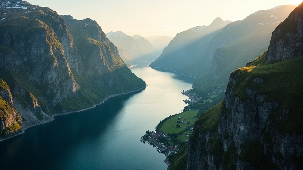 Luftaufnahme des Geirangerfjords mit steilen Bergen und Wasserfaellen zur goldenen Stunde in Norwegen