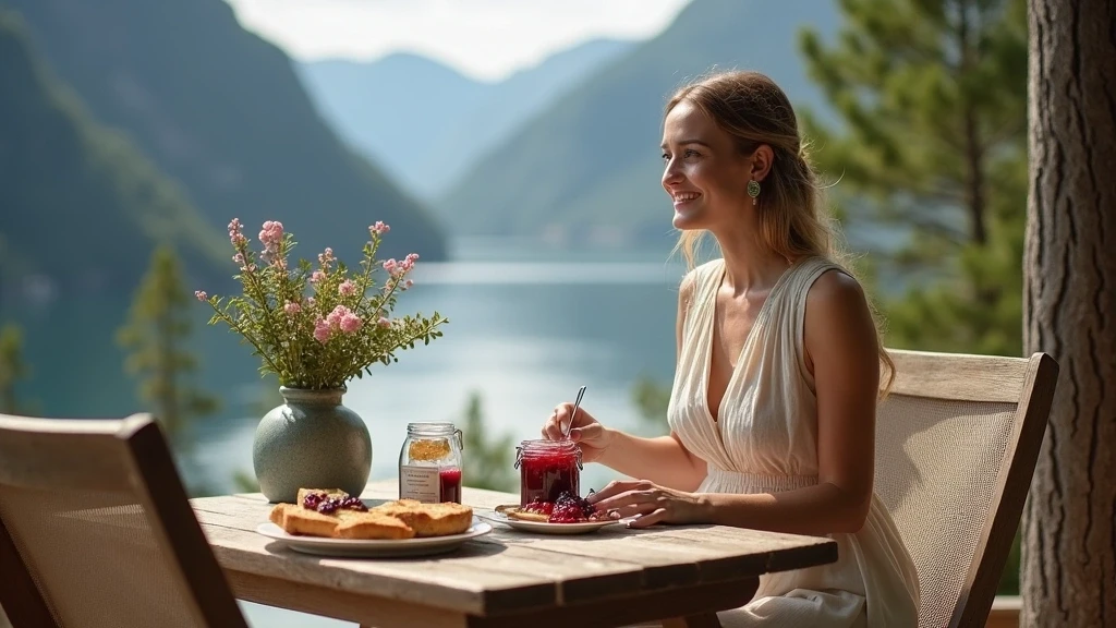 Elegante Frau geniesst Moltebeeren-Marmelade mit Blick auf den Geirangerfjord in Norwegen