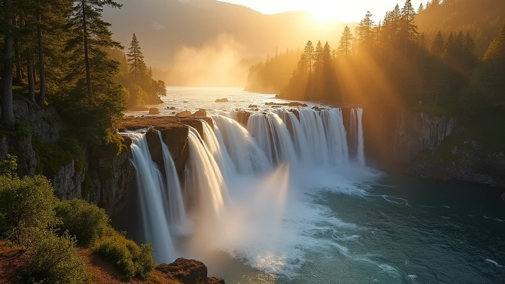 Sieben Schwestern Wasserfall im goldenen Licht mit Regenbogen in Geiranger, Norwegen