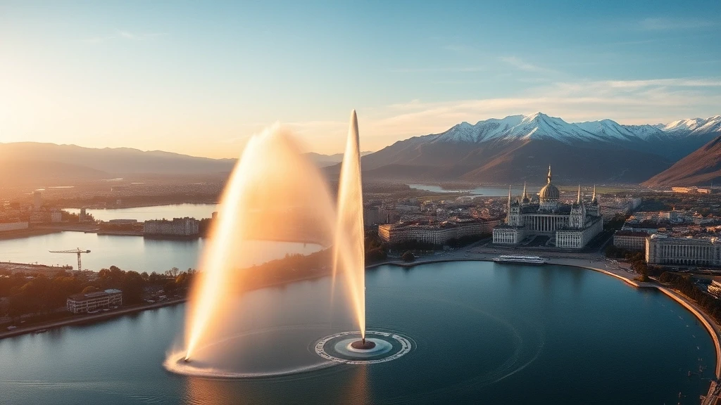 Luftaufnahme des Jet d'Eau und Genfersee mit Alpenpanorama zur goldenen Stunde in Genf, Schweiz
