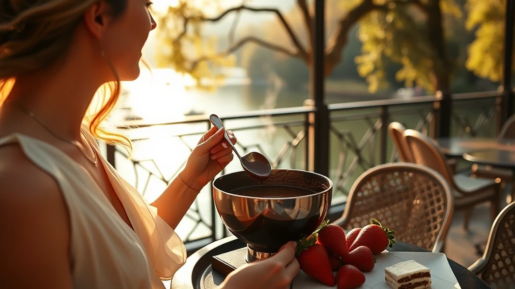 Elegante Frau geniesst Schokoladenfondue am Genfersee in Genf, Schweiz