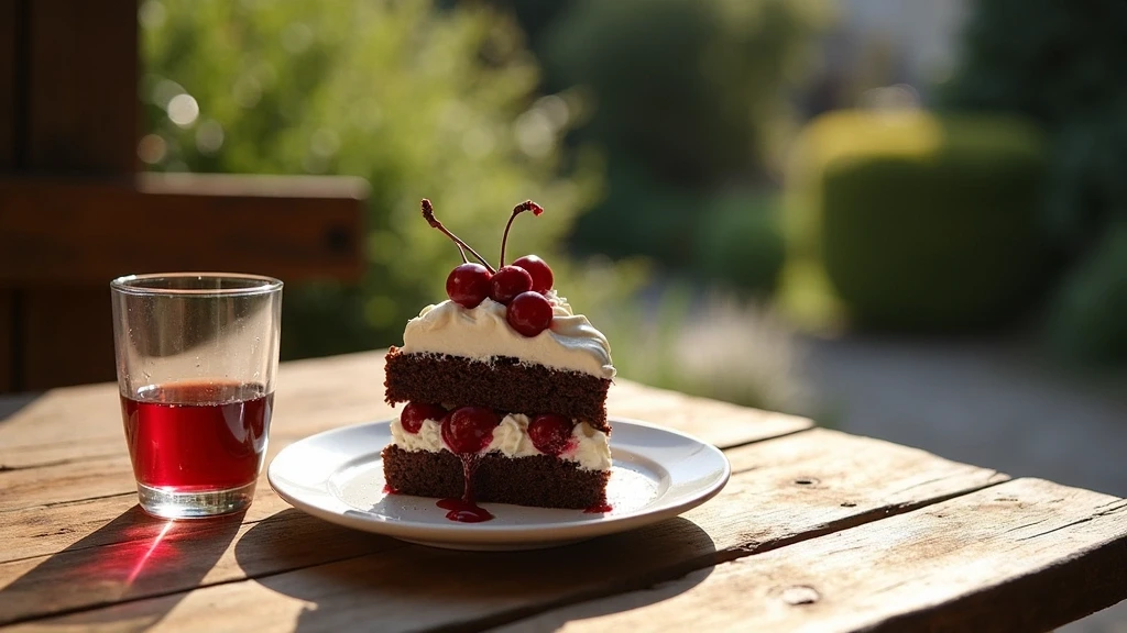 Traditionelle Schwarzwälder Kirschtorte auf rustikalem Holztisch in Gengenbach