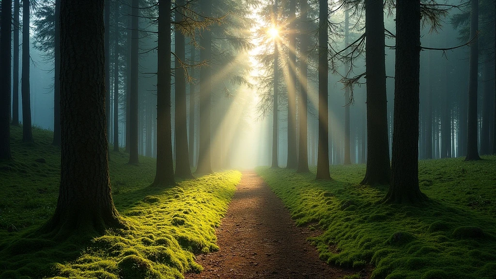 Waldweg im Schwarzwald bei Gengenbach mit Sonnenstrahlen und Morgennebel