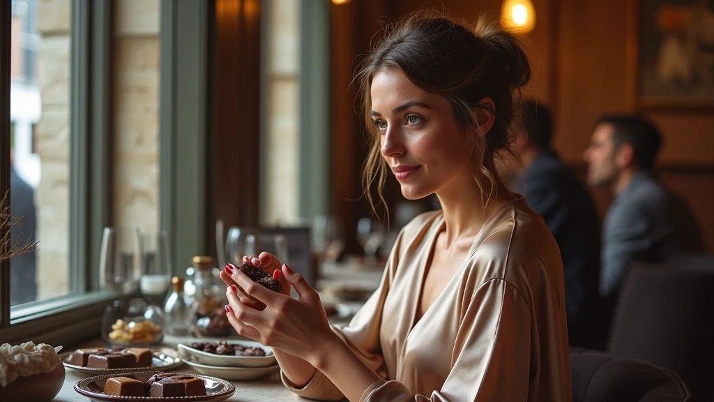 Elegante Frau geniesst belgische Schokolade in einer exklusiven Chocolaterie im Zentrum von Gent